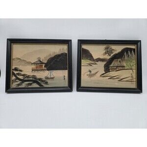 Set Of 2 Vintage Japanese Embroidery Silk Tapestry Framed Art Boat Fishing